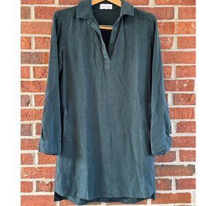 Bella Dahl Tencel Tunic Shirtdress Small Hunter Green Long Sleeve Roll Tab Soft